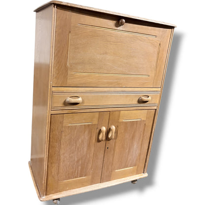 Vintage Oak Bureau - Drop Front Desk | Compact Writing Desk With Castor Wheels