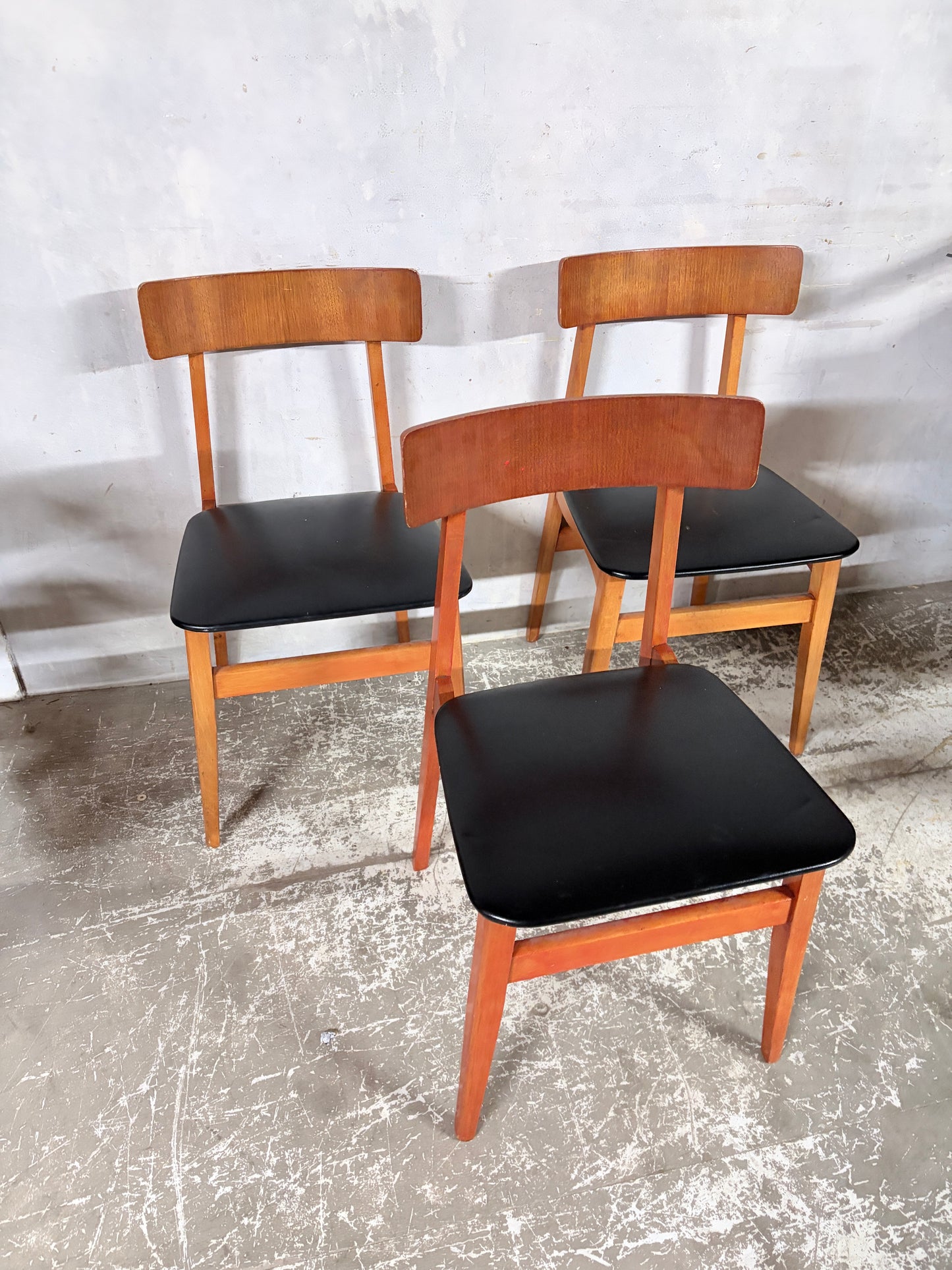 Mid Century Danish Teak Dining Chairs – Set of 3, Black Vinyl Seats
