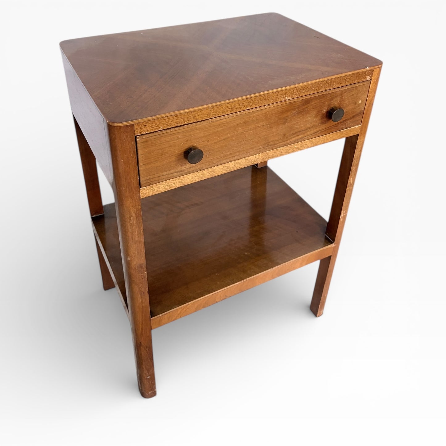 Art Deco Bedside Table – Walnut Nightstand with Drawer & Open Shelf, 1930s Design