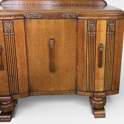 Art Deco Sideboard | 1930s Vintage Oak Drinks Cabinet With Geometric Carved Storage