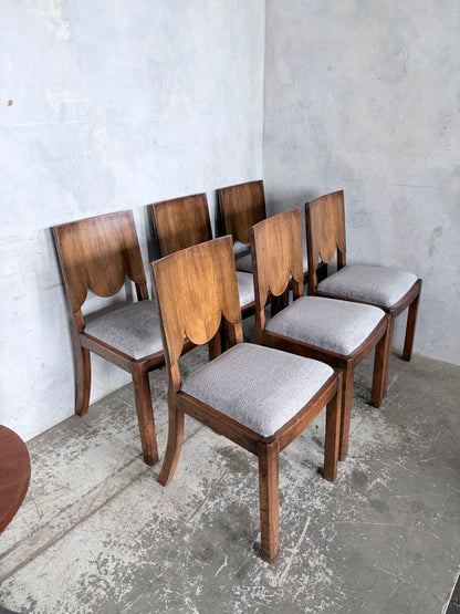 Art Deco Walnut Dining Chairs – Set of Six Sculptural Vintage Dining Chairs