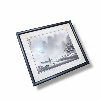 Vintage Oriental Ink Landscape Painting – Framed Asian Watercolour Artwork — view 2