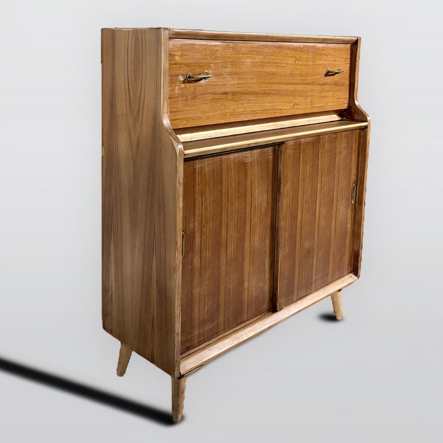 Mid Century Writing Bureau – Vintage Walnut Teak Compact Drop Front Desk