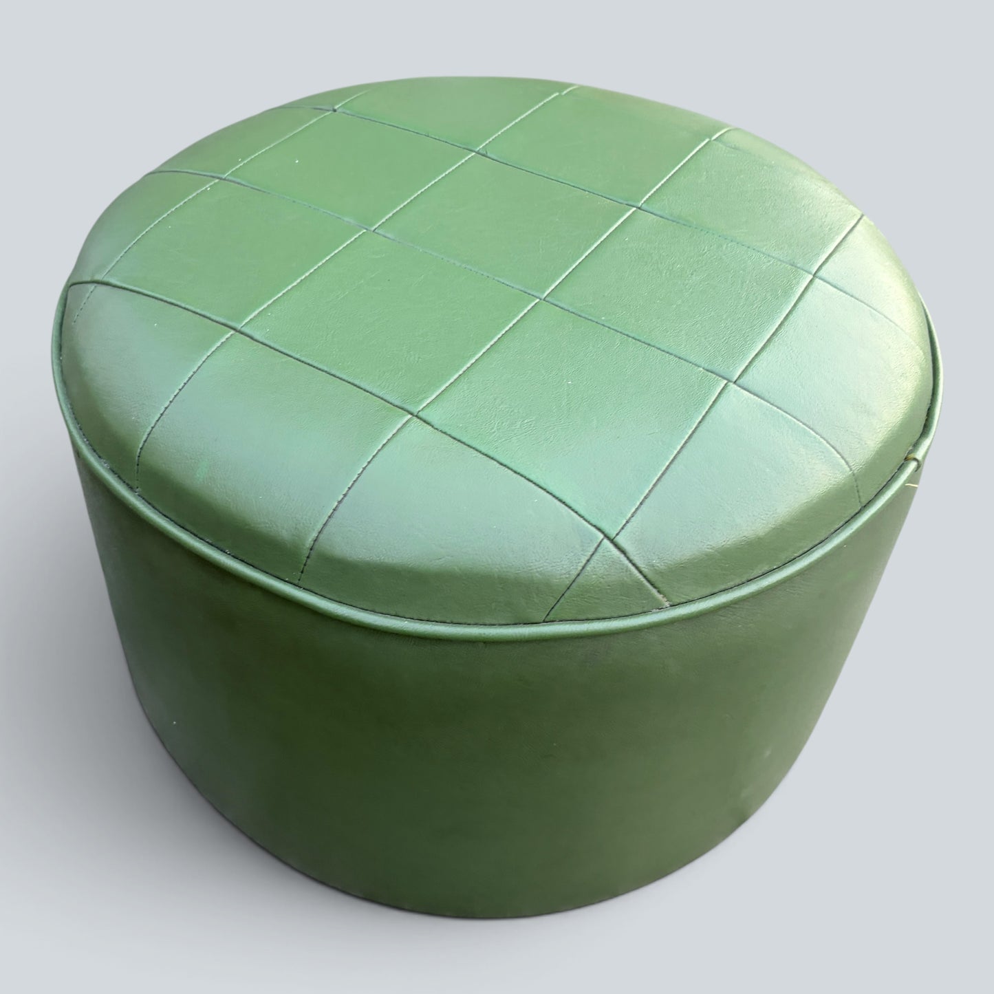 Vintage Mid Century Green Leatherette Pouffe | Round Footstool Ottoman