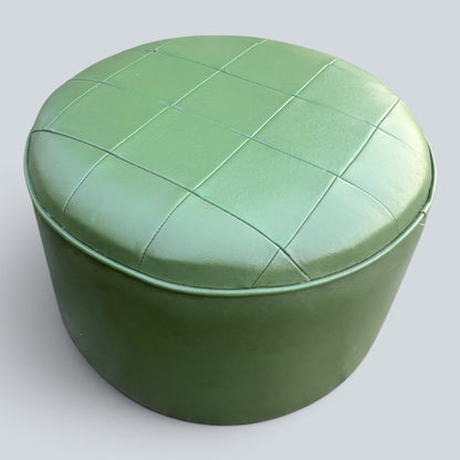 Vintage Mid Century Green Leatherette Pouffe | Round Footstool Ottoman