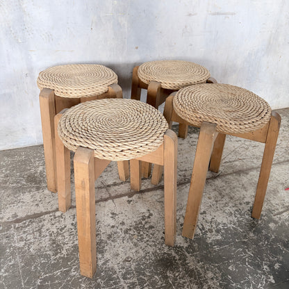 Mid Century Set of Four Stackable Rush Woven Stools