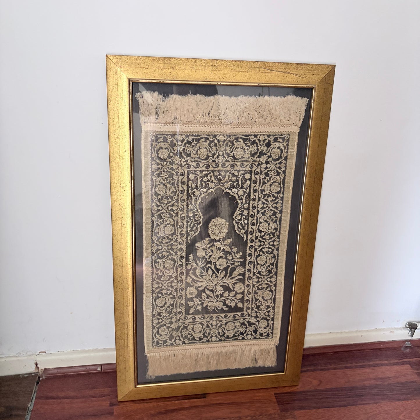 Framed Vintage Islamic Prayer Rug | Woven Textile Wall Art | Gold Frame