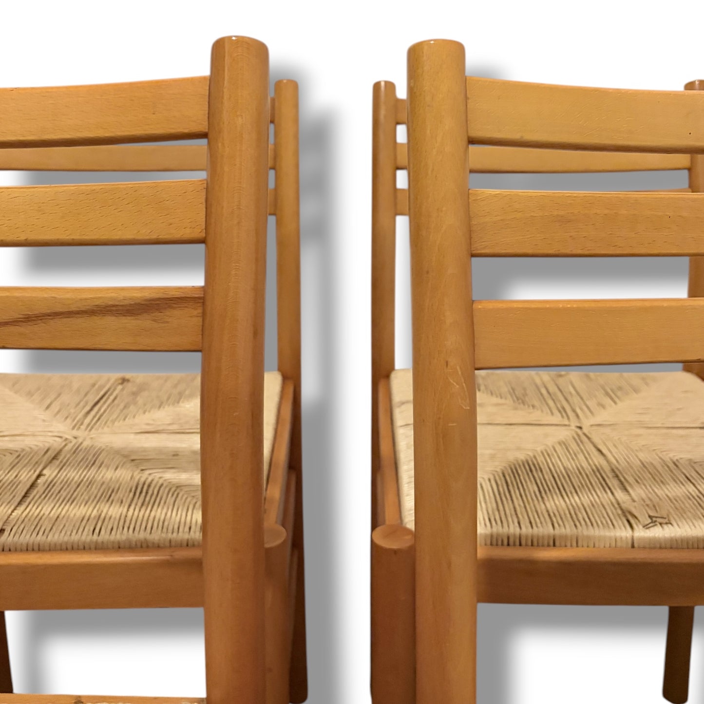 Italian Beech Dining Chairs – Set of Four Vintage Ladder Back Chairs with Woven Rush Seats