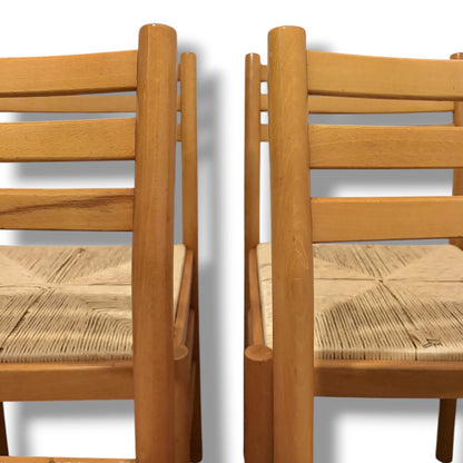 Italian Beech Dining Chairs – Set of Four Vintage Ladder Back Chairs with Woven Rush Seats