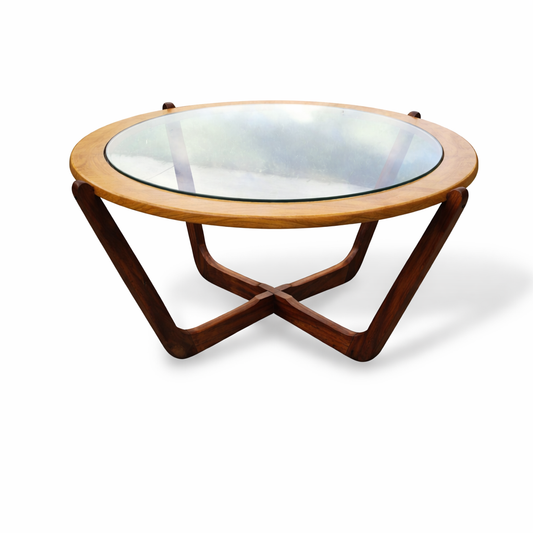 Vintage Round Teak & Formica Glass Coffee Table