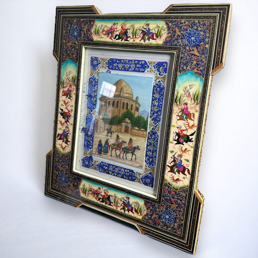 Vintage 1950s Persian Khatam Mosaic Watercolour Painting
