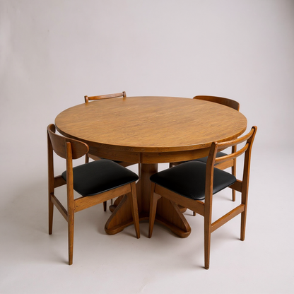 Vintage Round Extendable Dining Table | Mid Century Teak Pedestal Base Table