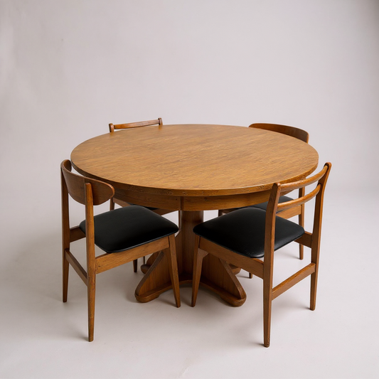 Vintage Round Extendable Dining Table | Mid Century Teak Pedestal Base Table