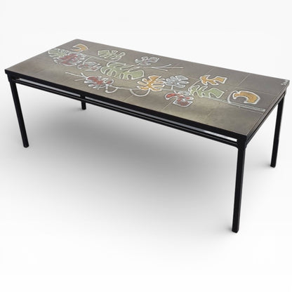 Vallauris Ceramic Coffee Table – Vintage 1970s Mid Century Black Metal Frame