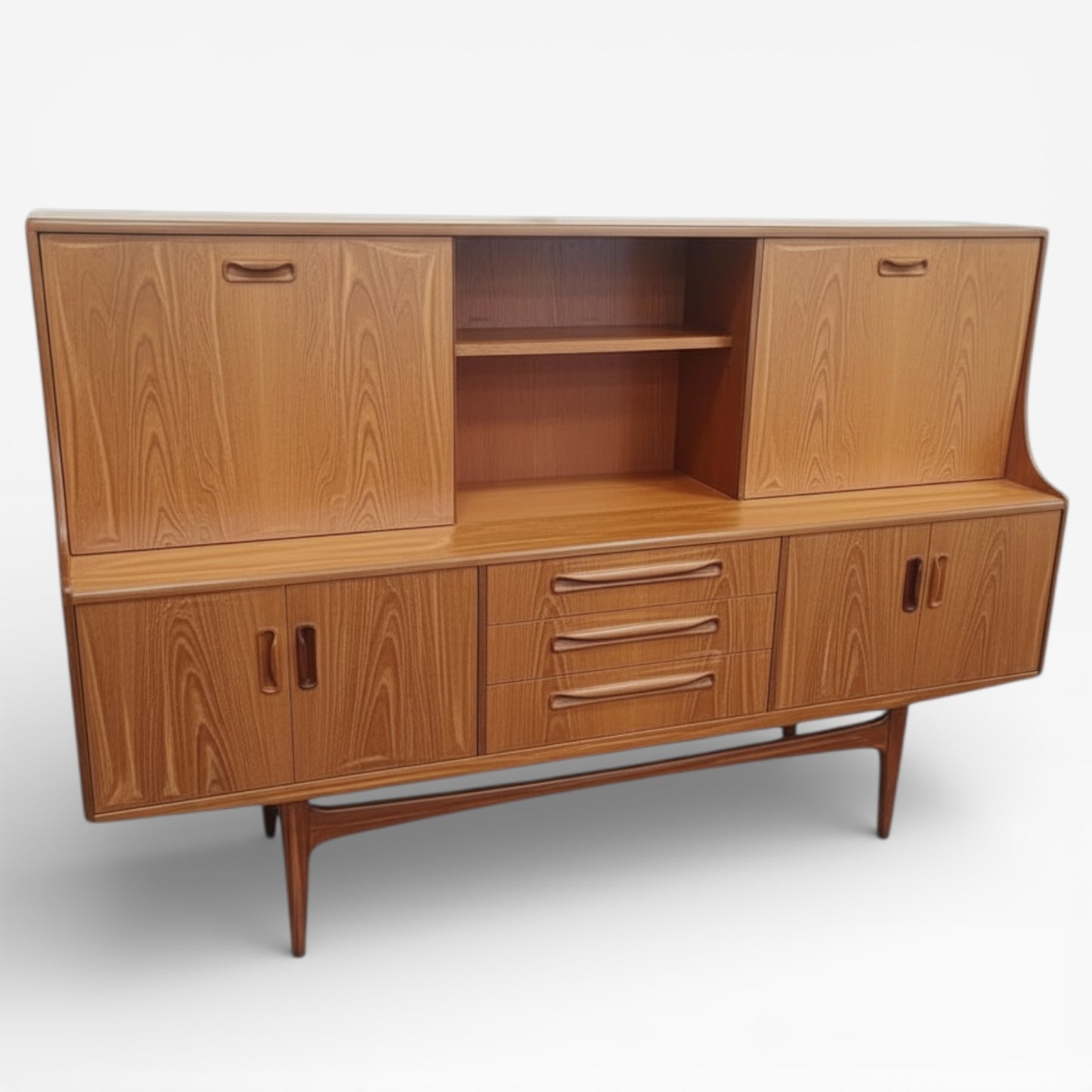 Mid Century Sideboard | Vintage Teak Cabinet With Sliding Doors & Tapered Legs