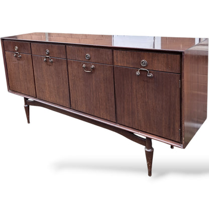 Mid-Century Sideboard - Wooden Vintage Storage With Brass Handles & Tapered Legs