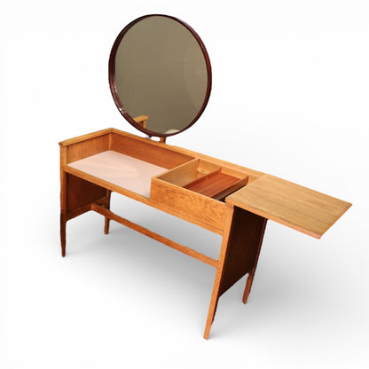 Vintage Dressing Table | Mid Century Furniture - Light Oak Vanity Desk With Hidden Storage