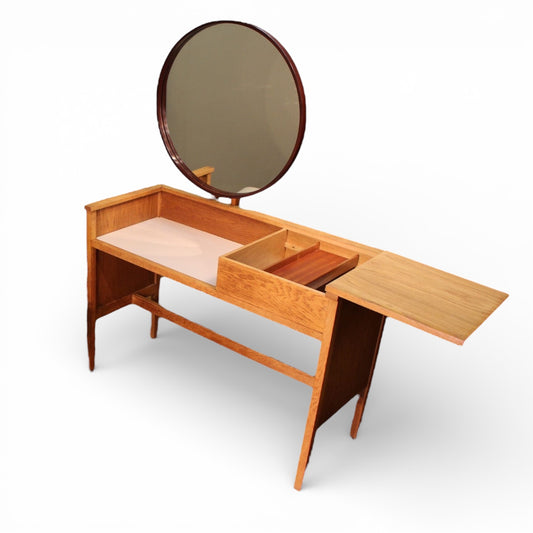 Vintage Dressing Table | Mid Century Furniture - Light Oak Vanity Desk With Hidden Storage