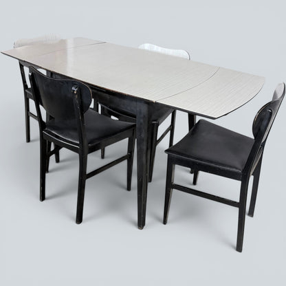 Mid Century Space Age Monochrome Formica Drop Leaf Extending Dining Table & Four Chairs