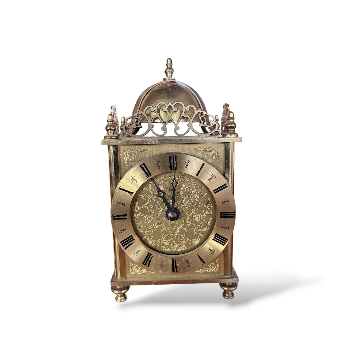 Brass Mantel Clock – Vintage Lantern Shelf Clock with Engraved Floral Dial