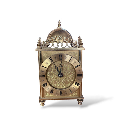 Brass Mantel Clock – Vintage Lantern Shelf Clock with Engraved Floral Dial