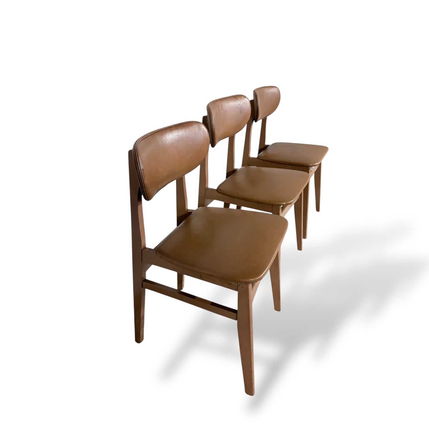 Set of Three Schreiber Dining Chairs – Mid Century Teak & Vinyl Chairs