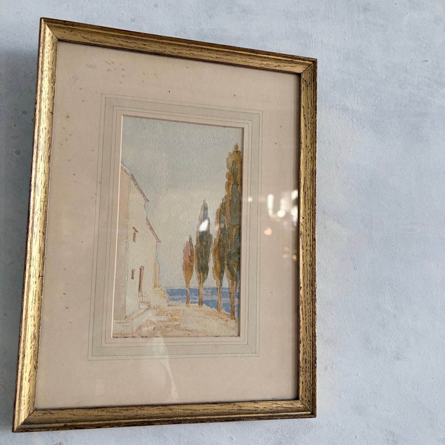Framed Vintage Watercolour – Dreamy Coastal Scene in Gilt Frame