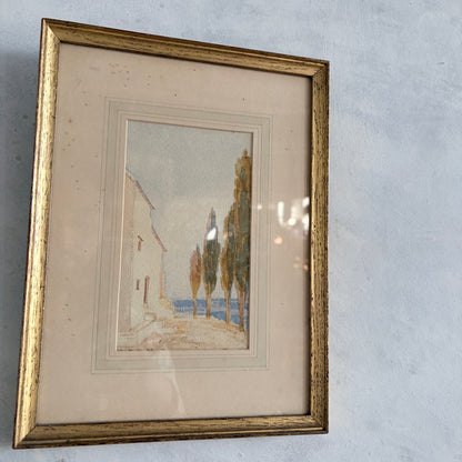Framed Vintage Watercolour – Dreamy Coastal Scene in Gilt Frame