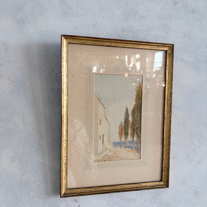 Framed Vintage Watercolour – Dreamy Coastal Scene in Gilt Frame