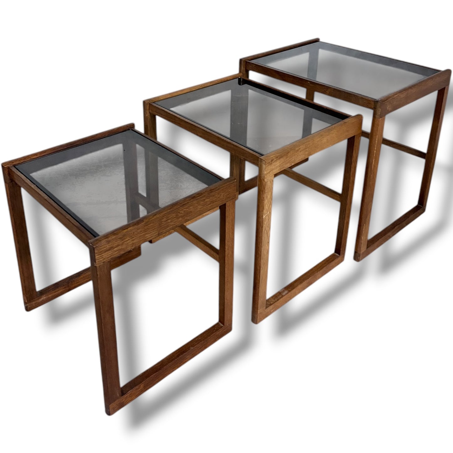 Nesting Teak Tables - Danish Mid Century Coffee Tables With Smoked Glass Tops