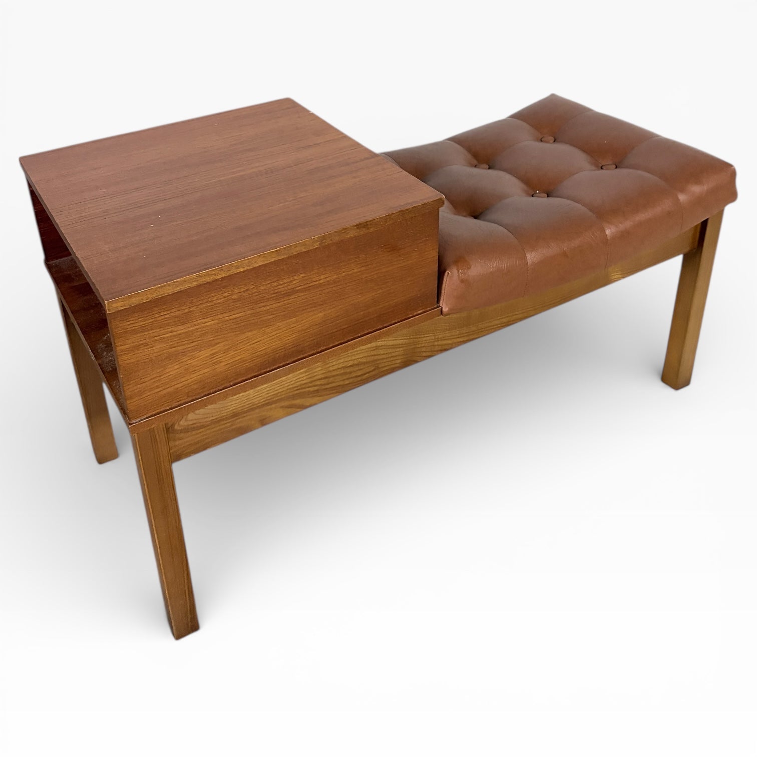 Mid Century Teak Bench - Vintage Hall Bench with Leather Upholstered Seat & Storage — view 3