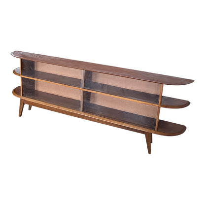 Large Mid Century Teak Display Cabinet / Media Console – Curved Open Shelving Unit