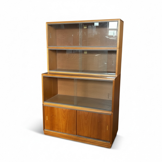 Mid-Century Teak Bookcase - Modular Stacking Sectional Shelves with Glass Sliding Doors