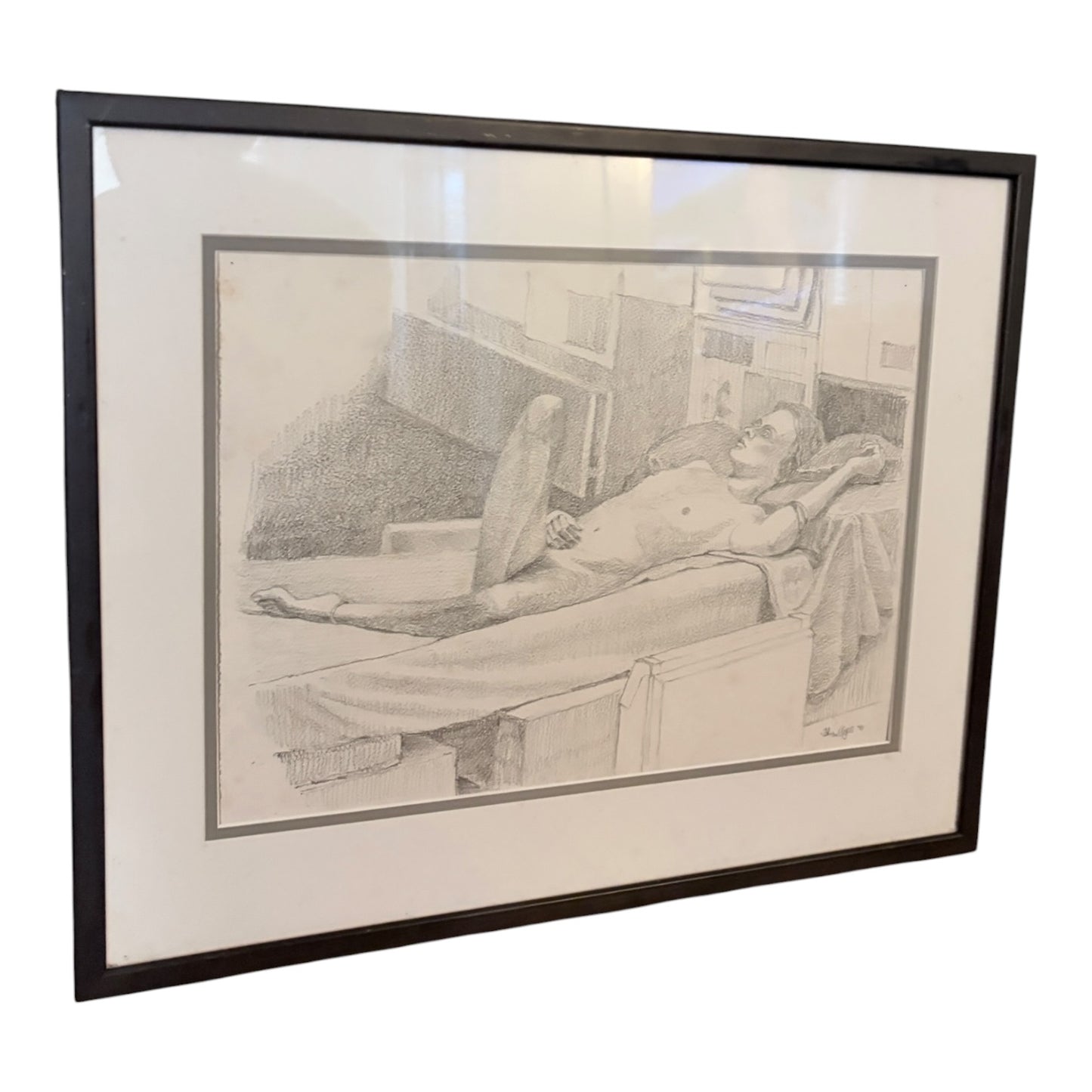 Vintage Framed Figurative Pencil Drawing – 1990s Nude Study Sketch Artwork