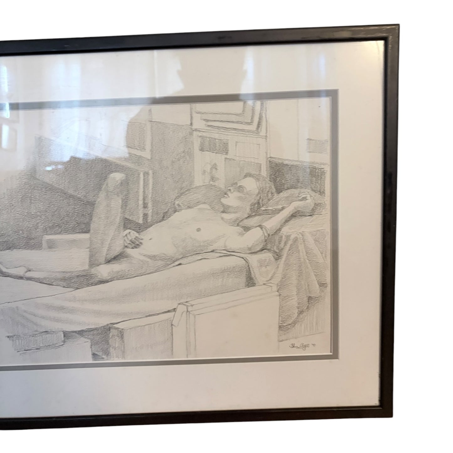Vintage Framed Figurative Pencil Drawing – 1990s Nude Study Sketch Artwork