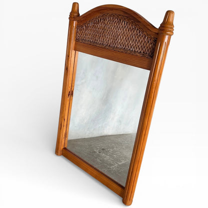 Antique Farmhouse Mirror – Large English Pine Rustic Wall Mirror with Arched Wicker Panel