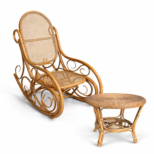 Mid Century Bamboo & Rattan Rocking Chair with Matching Footstool