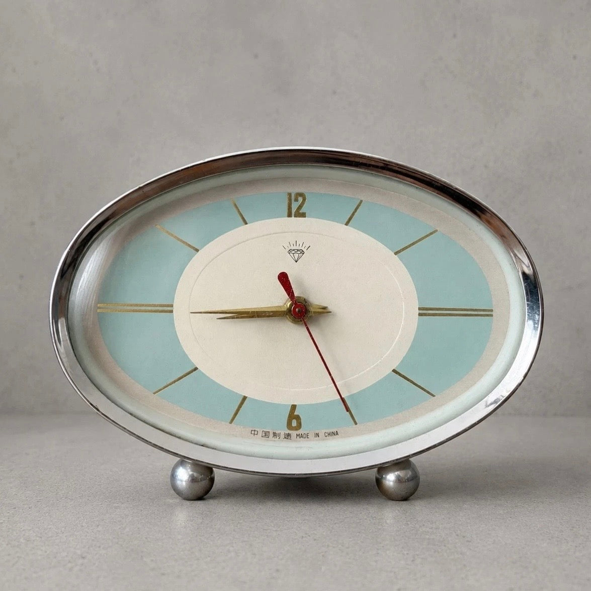 Mid Century Atomic Oval Alarm Clock | Blue & Cream Desk Clock