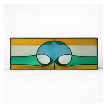Vintage Stained Glass Window Panel – Geometric Leaded Glass in Green, Amber & Blue