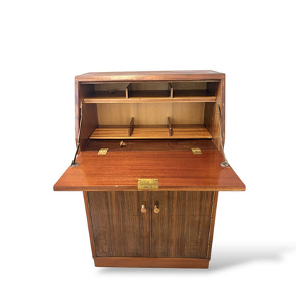 Mid Century Teak & Walnut Bureau Desk by Morris of Glasgow – Drop Front Writing Cabinet