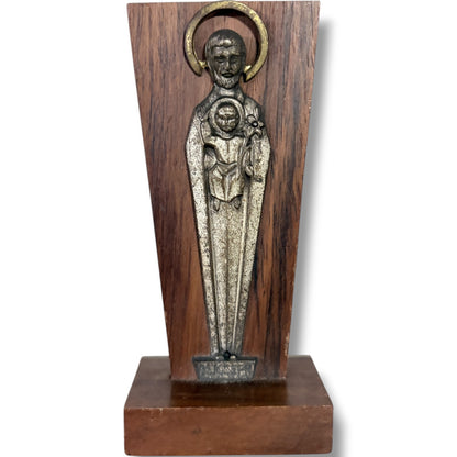 Mid Century Religious Sculpture – St Joseph Statue with Christ Child on Solid Wood Plinth