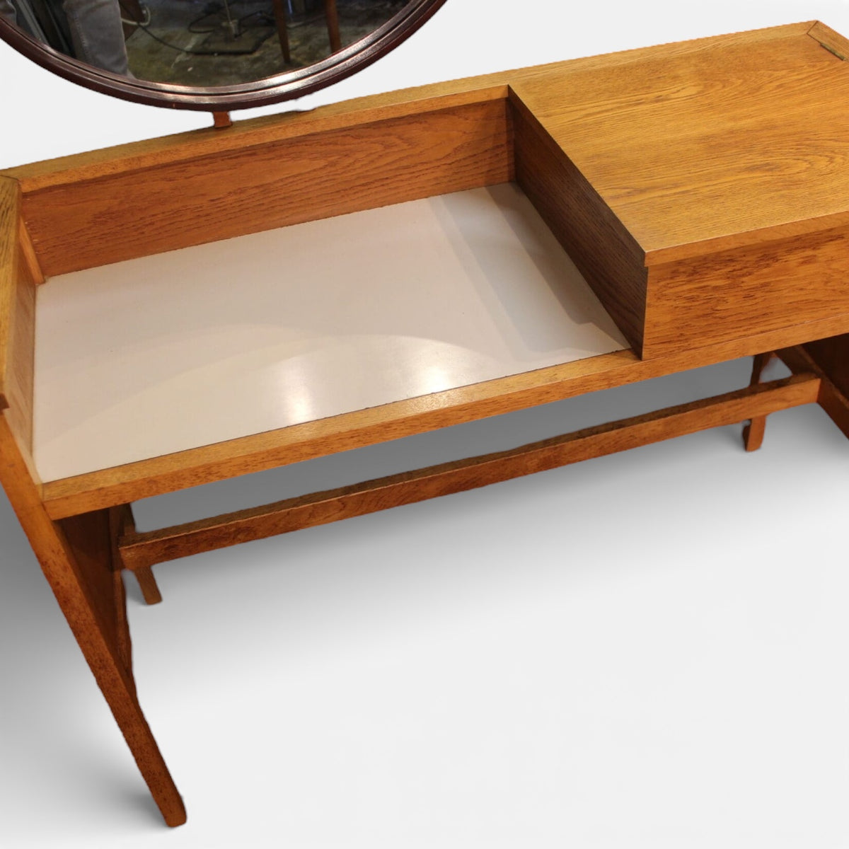 Vintage Dressing Table | Mid Century Furniture - Light Oak Vanity Desk With Hidden Storage