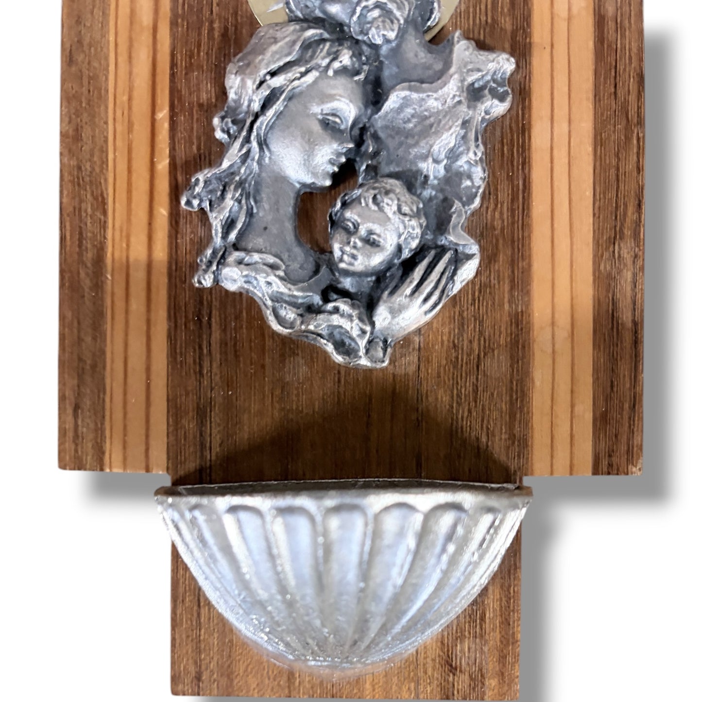 Miniature Holy Water Font – Vintage Wooden Wall Mounted Stoup with Silver Tone Relief Basin — view 5