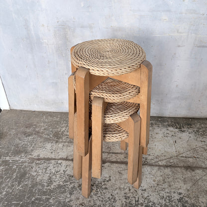 Mid Century Set of Four Stackable Rush Woven Stools