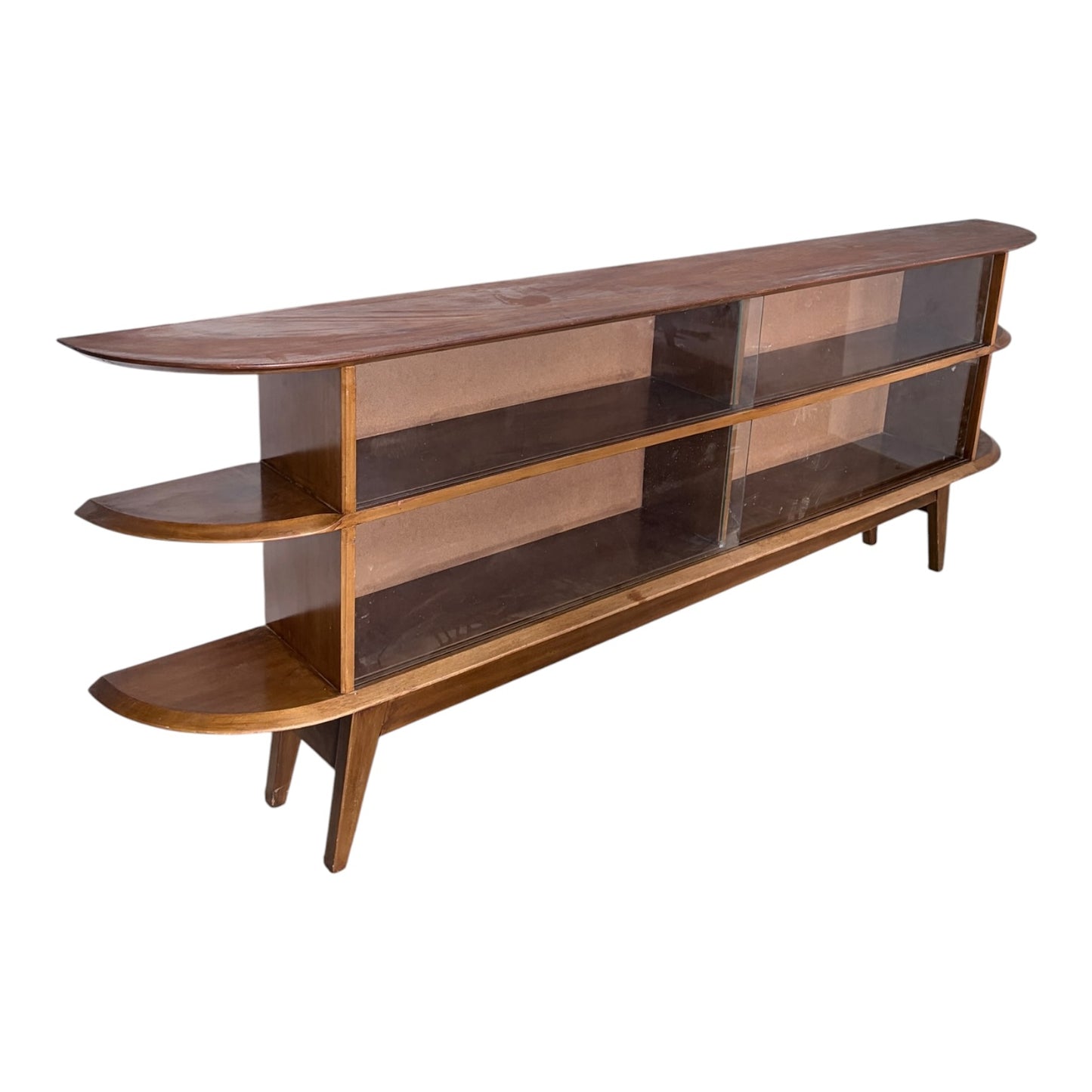 Large Mid Century Teak Display Cabinet / Media Console – Curved Open Shelving Unit