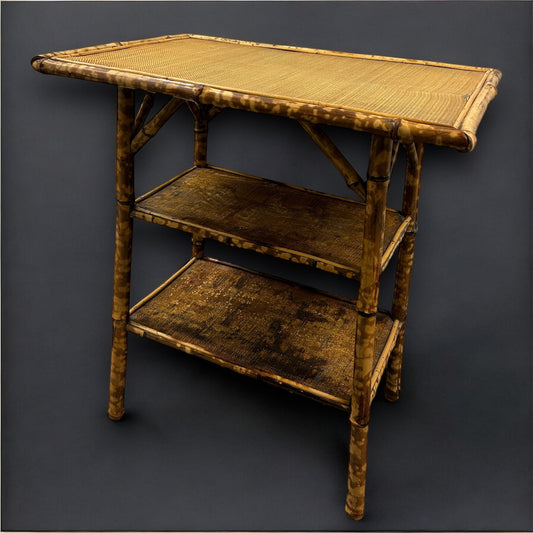 Mid Century Tiger Bamboo Two Tier Shelf Table