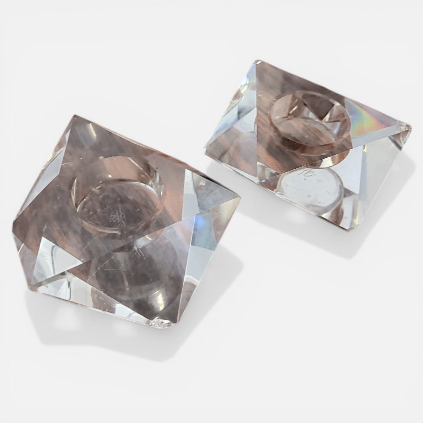 Pair of Mid Century Lucite Faceted Candle Holders – Geometric Crystal