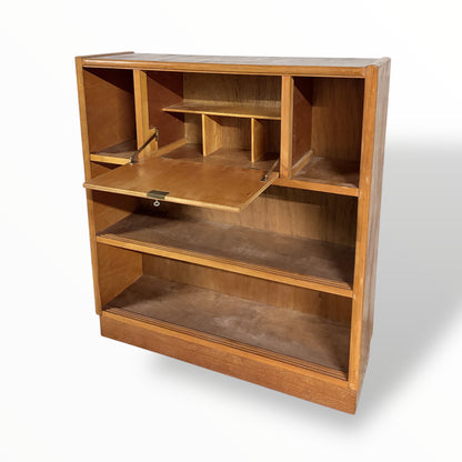 Nathan Oak Drop-Down Bureau Desk Cabinet with Sliding Glass Doors – Mid Century