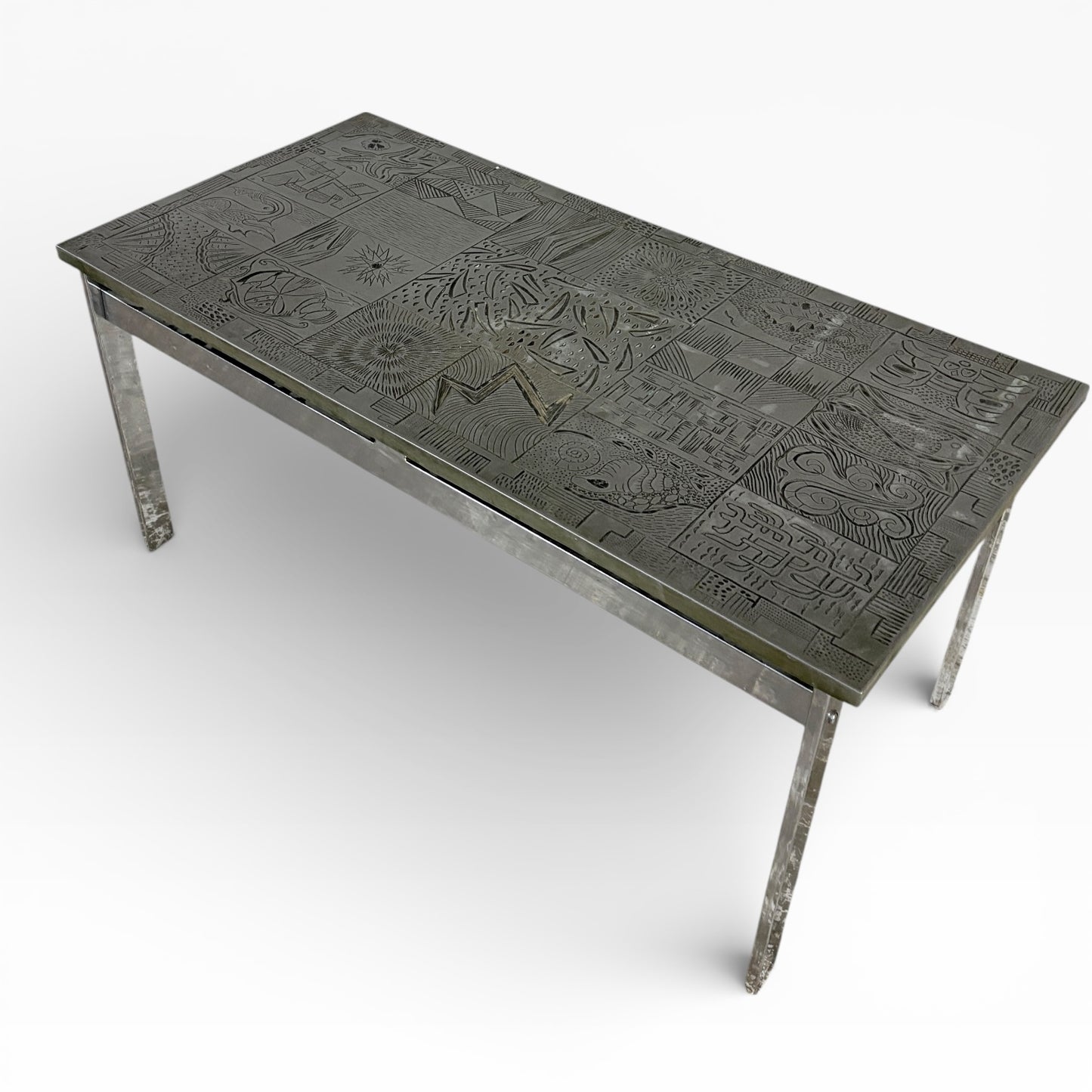 Mid Century Carved Copper & Chrome Abstract Tile Coffee Table — view 3