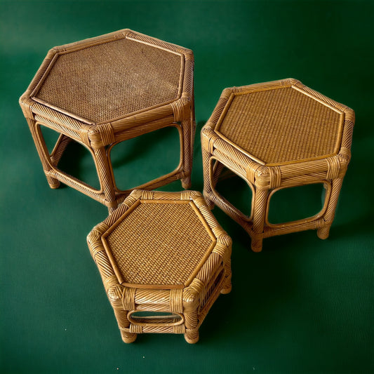 mid century set of 3 bamboo hexagonal tables